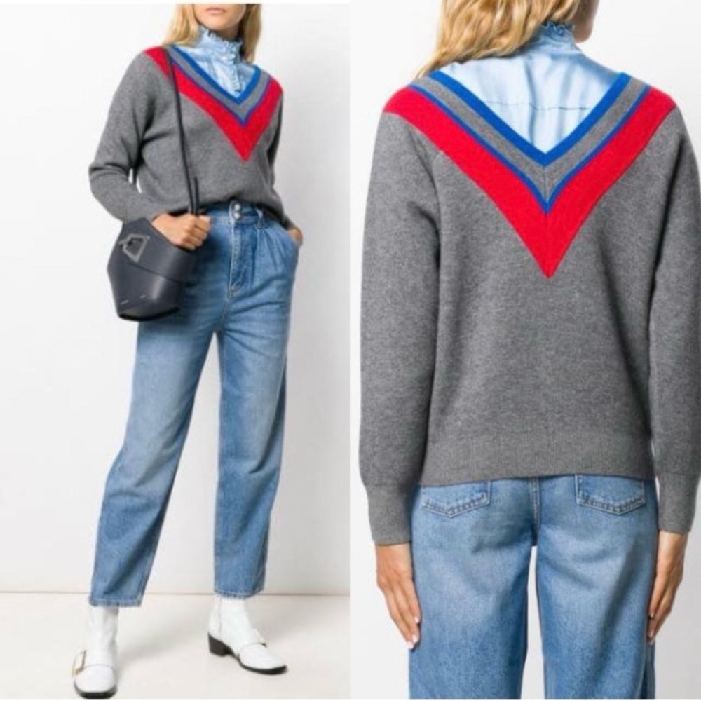 Sandro Paris Varsity Two-tone Chevron Stripes V-neck Wool Sweater Long Sleeve 2